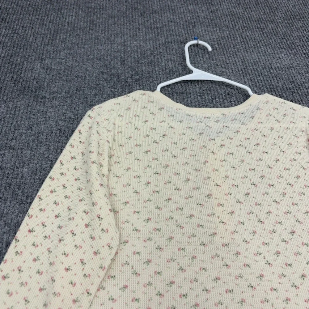 Ralph Lauren Henley Top Womens M Cream Cotton Blend Floral Thermal Henley Casual